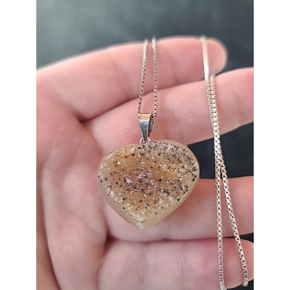 925 Sterling Silver Druzy Heart Shaped Pendant Necklace Vintage